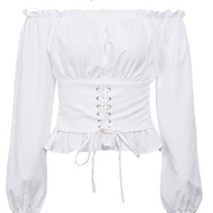 White Off-Shoulder Lace Up Corset Peasant Blouse